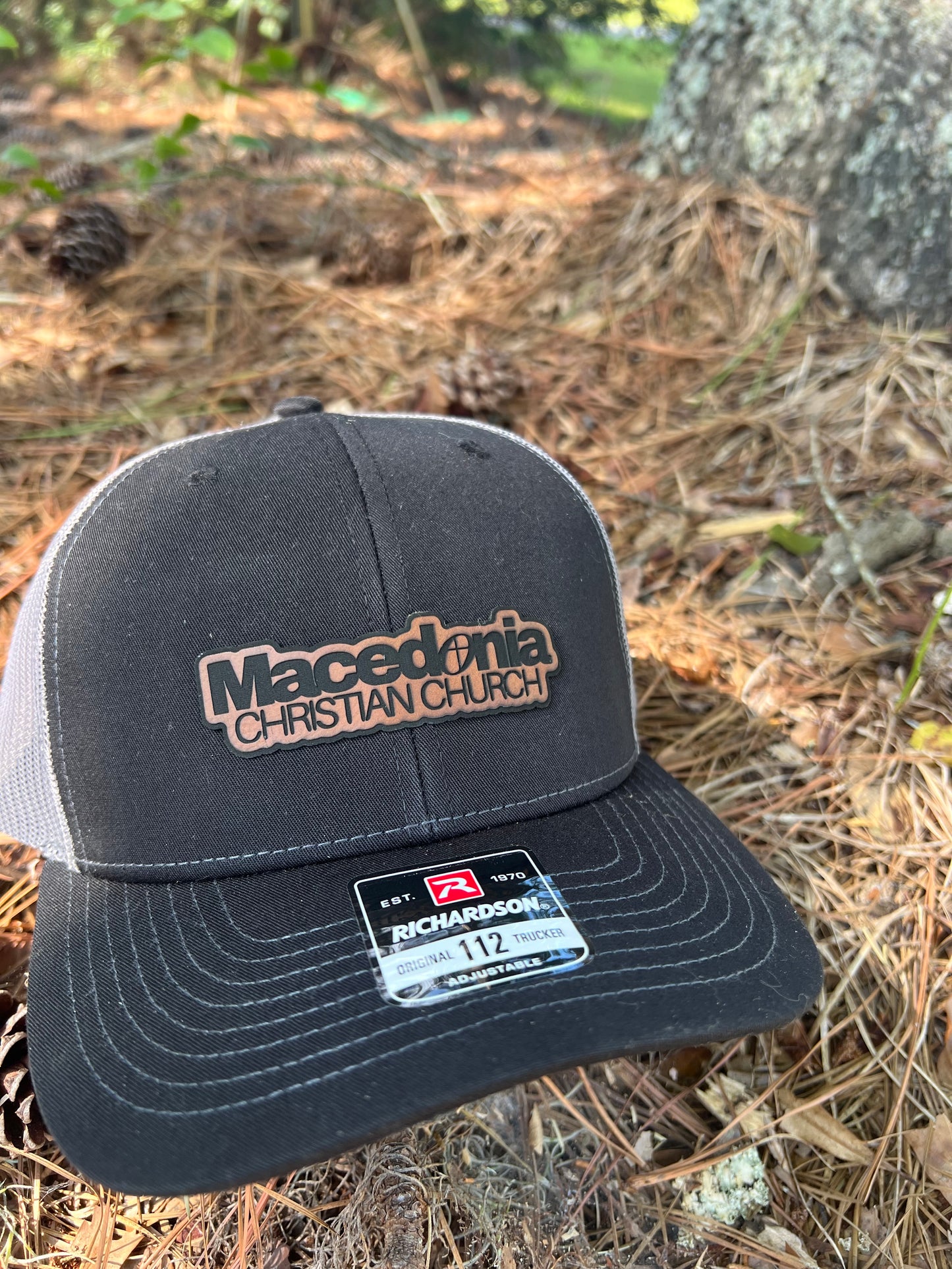 Charcoal and White Richardson 112 Hat with Custom Leatherette Patch