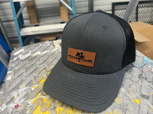 Charcoal and Black Richardson 112 hat with custom leathette patch