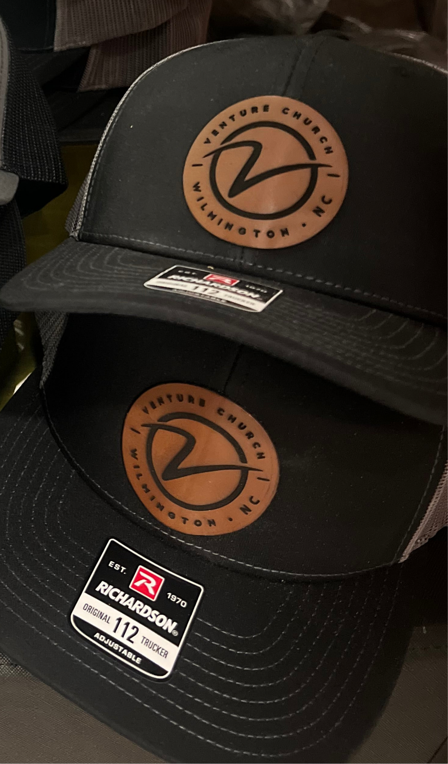 Black and Charcoal Richardson 112 hat with custom leathette patch