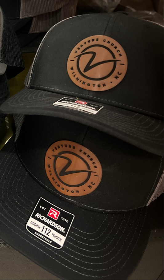 Black and Charcoal Richardson 112 hat with custom leathette patch