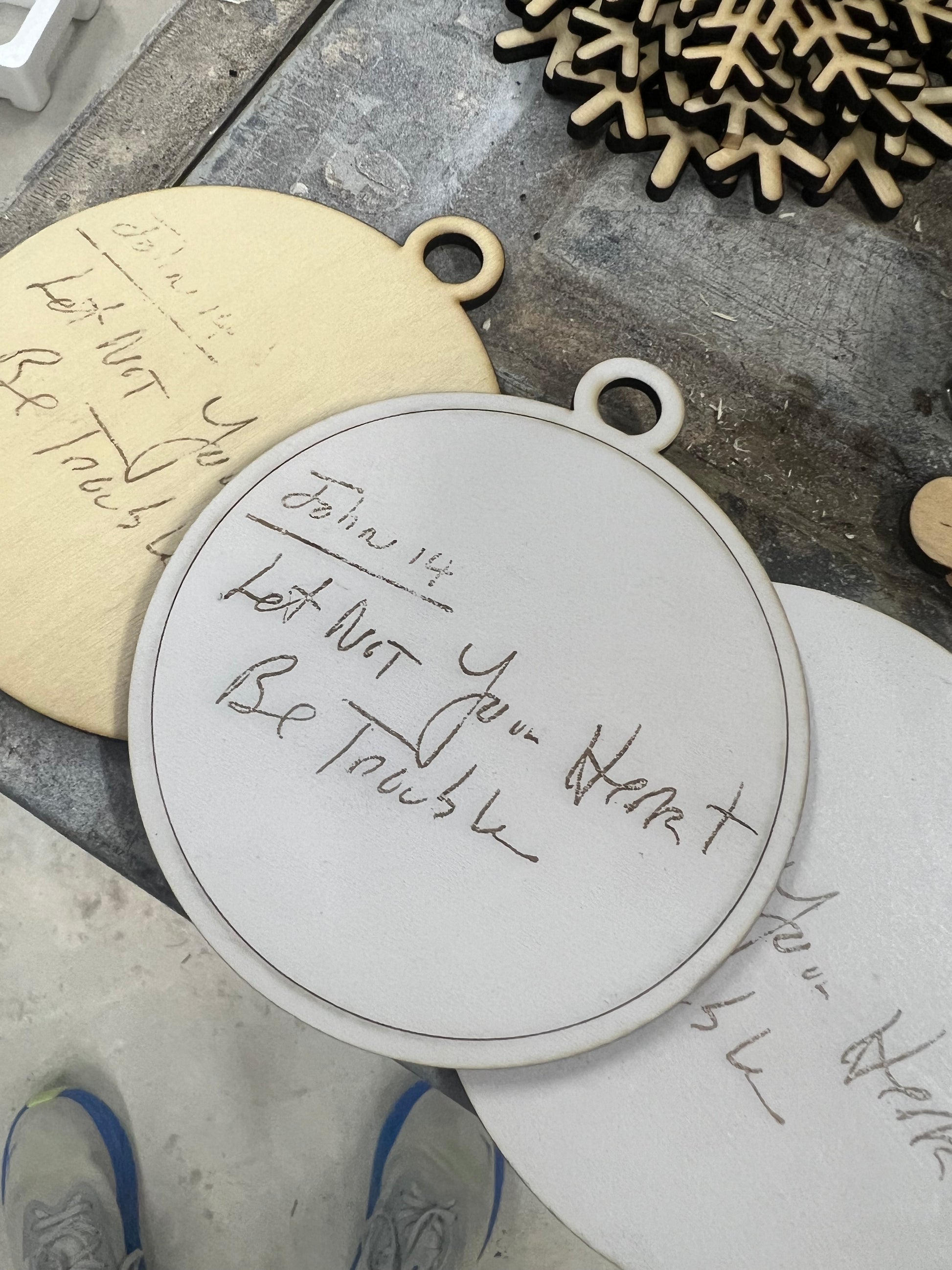 Family ornaments made from a loved one's handwriting.
